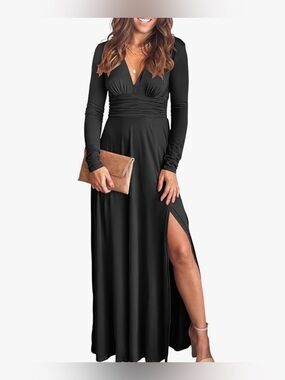 Anrabess Long Sleeve Deep V Neck Side Slit Maxi Dress | Black | Size Large